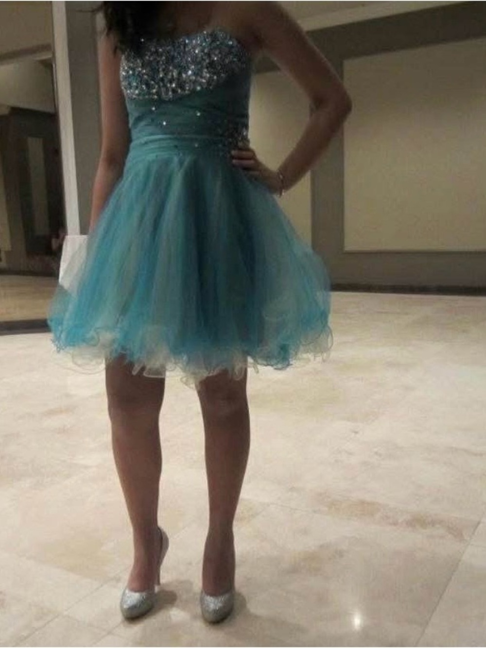 Beautiful Strapless Beaded Tea-Length Tulle Dress in Teal